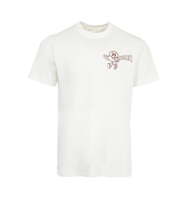 Image 1 of 3 - WHITE - MONCLER Logo T-Shirt featuring combed cotton jersey, short sleeves, ribbed crew neck and printed logo motif. 100% cotton.