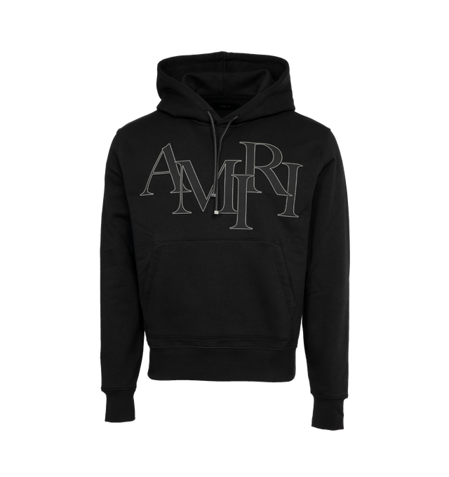 Image 1 of 3 - BLACK - AMIRI Staggered Logo Hoodie featuring slouchy hood, drop shoulder, front pouch pocket, straight hem and embroidered logo at the chest and back. 100% cotton.  