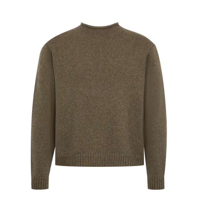 Image 1 of 2 - GREEN - The Row Men's Markhim Sweater is crafted from luxurious three-ply cashmere yarn with a textured jersey stitch, creating a rich, soft hand and natural warmth. Designed with a boxy, slightly cropped fit, this designer sweater features a long-sleeve silhouette, mock neckline with a clean self collar, and slightly dropped shoulders. Main Material: 100% Cashmere. Fit: Boxy, Slightly Cropped. Neckline: Mock Neck. Details: Slightly Dropped Shoulders. Made in Italy.