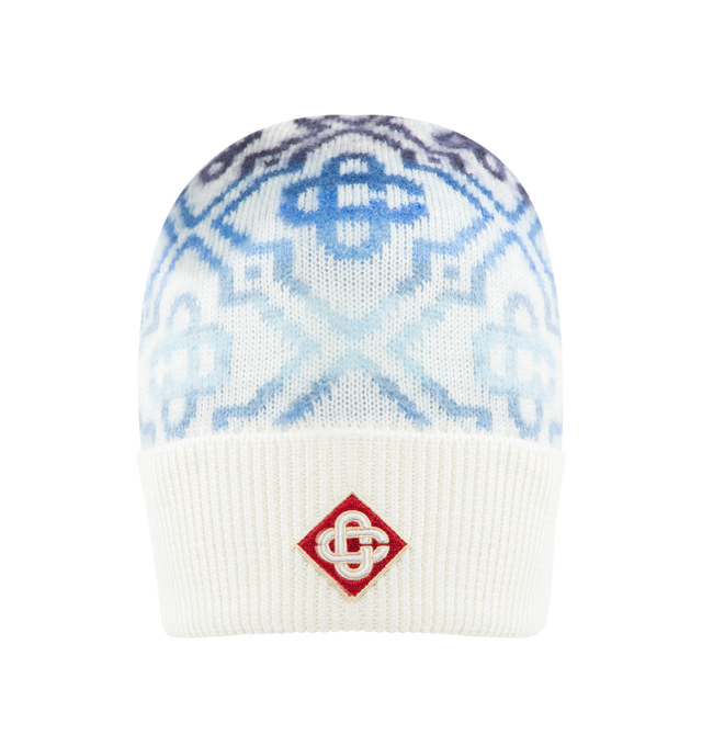 Image 1 of 2 - WHITE - CASABLANCA Space Dye Monogram Merino Beanie featuring signature monogram in a blue gradient on the crown, a ribbed brim and the house's signature diamond logo at its centre. 74% wool, 12% polyamide, 7% mohair, 7% alpaca. Made in Italy.