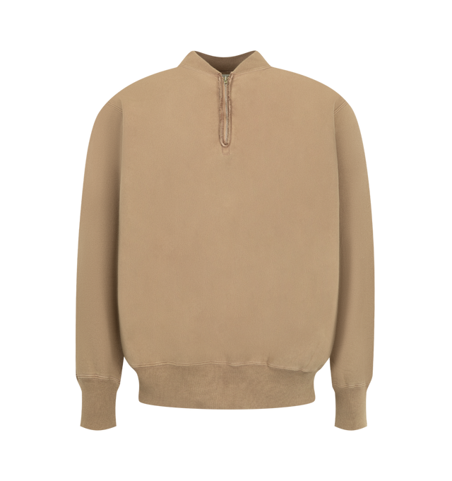Image 1 of 2 - BROWN - A.Presse Men's Vintage Half Zip Rib Collar Sweatshirt is crafted from 100% cotton brushed-back fleece and features a vintage-inspired half-zip silhouette with a ribbed collar. Designed to faithfully reproduce original vintage sweatshirt details, it is cut with a cropped length, balanced volume, and sleeves that are neither overly wide nor restrictive. The seamless shoulder construction enhances comfort and ease of layering, while an Asahi zipper completes the design. Skilled hand-fini
