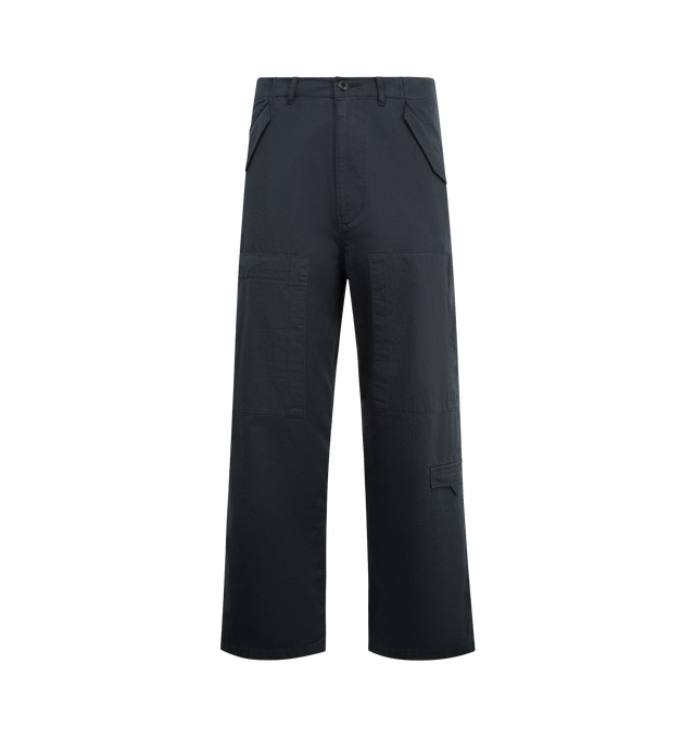 Image 1 of 3 - NAVY - HUMAN MADE Wide Military Pants featuring wide fit, adjustable waist tab, front zip closure, front and back flap pockets with snap button, iPhone size utility pockets on legs, multi-pockets on the front and back and adjustable tape at the hem. 100% cotton.