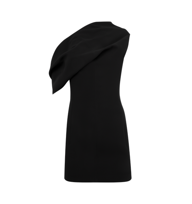 Image 1 of 2 - BLACK - JACQUEMUS Pesce Short Dress featuring draped shoulder dress, short fitted shape, compact viscose crepe, asymmetric draped neckline, one spaghetti strap and draped sleeve, plunging draped back, invisible zipper in the back and mini-length hem with invisible stitching. 70% polyester, 30% viscose. Made in France.