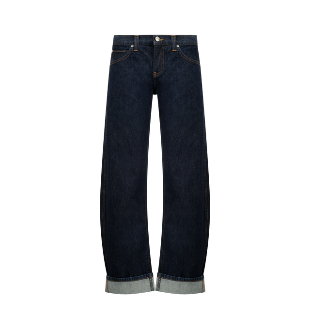 Image 1 of 3 - BLUE - KHAITE Karo Jean featuring a cuffed, low-rise style, designed to sit low on the hip, curved seams that create a bowed silhouette and embossed button of antiqued nickel. 100% cotton.