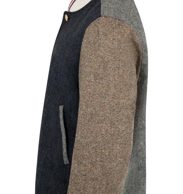 Image 3 of 3 - MULTI - THOM BROWNE Funmix Solid Donegal Tweed Jacket featuring front press-stud fastening, two side welt pockets, stand collar and signature grosgrain loop tab.