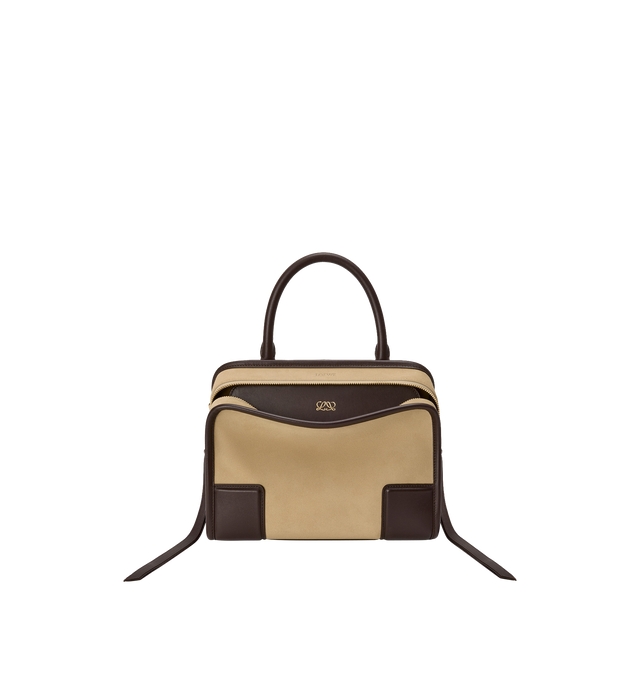 Image 1 of 17 - BROWN - LOEWE Small Amazona 180 Bag in suede featuring a relaxed silhouette anchored by a single toron top handle, designed to be carried open, while a concealed closure secures the main compartment, three carry options: short handle, removable shoulder strap and crossbody, zip closure with two leather zip pullers, two compartments, main compartment closed with magnetic closure, internal flat pocket, left side d-ring for customization, suede and nappa lambskin lining, embossed LOEWE and embo