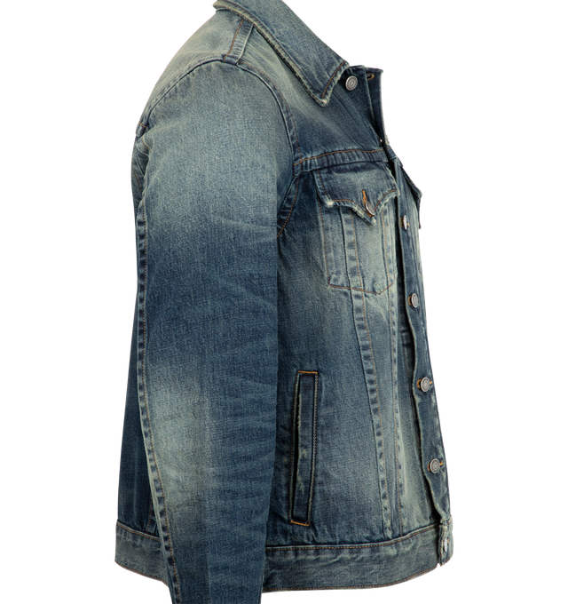 Image 3 of 3 - BLUE - COUT DE LA LIBERTE Johnny Twisted Trucker Jacket featuring a classic button front closure, two button flap chest pockets, classic collar and button cuffs. 100% cotton. Made in the USA.