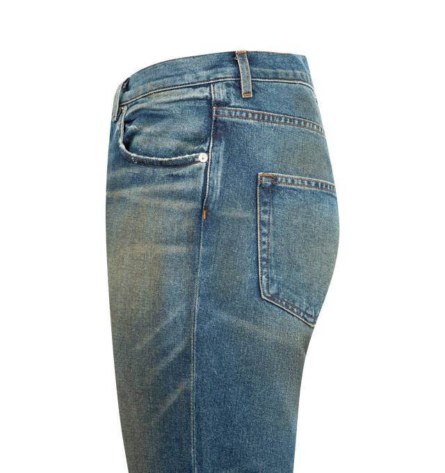 Image 3 of 3 - BLUE - GALLERY DEPT. Dagger Bootcut Jean featuring relaxed bootcut fit, 5-pocket design, GD custom hardware, debossed tan leather GALLERY DEPT. jacron on the back waistband, embroidered GD pin detailing on the coin pocket and released hem. 100% cotton. Made in USA.