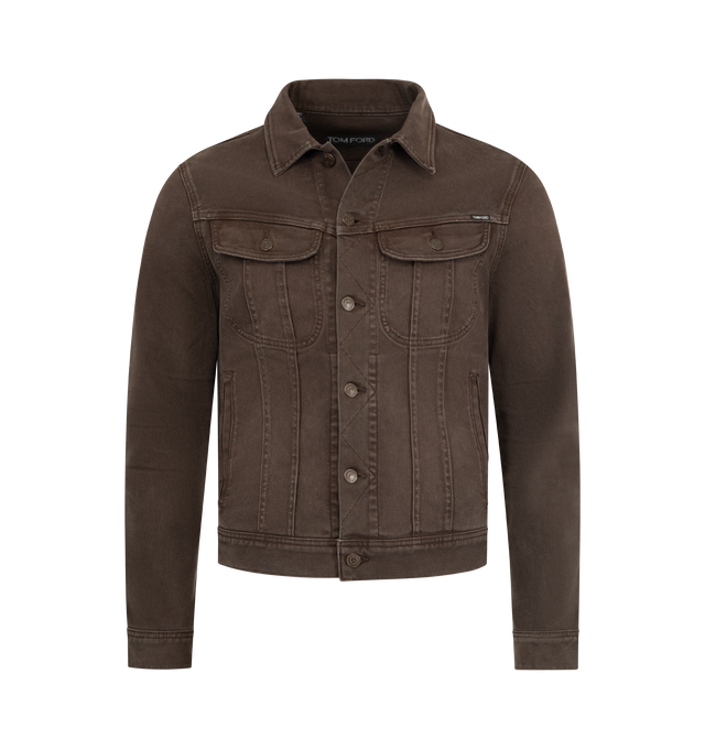 Image 1 of 3 - BROWN - TOM FORD Western Cord Denim Icon Jacket featuring western-inspired ion jacket reworked in soft corded denim, slightly cropped silhouette, buttoned front, flap chest pockets, welt pockets, adjustable tabs at the waist and a slim fit. 97% cotton, 3% polyurethane. Made in the USA.