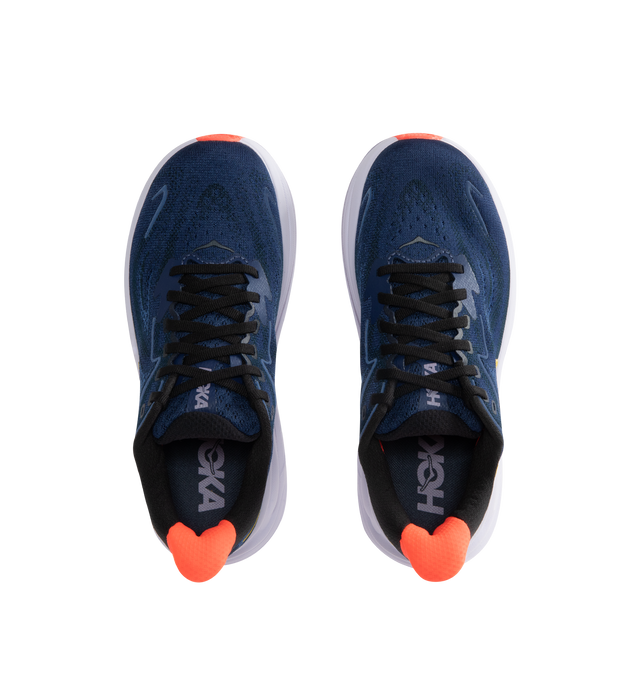 Image 5 of 5 - BLUE - HOKA Clifton 10 Sneaker featuring jacquard knit, reflective upper details, smooth MetaRocker, rearfoot-focused Active Foot Frame, CMEVA midsole, molded EVA sockliner and inherently durable abrasion rubber.