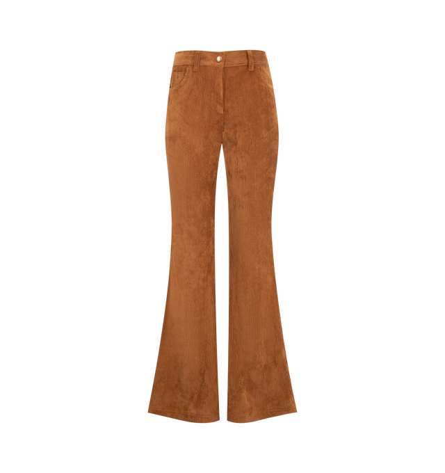 Image 1 of 1 - BROWN - Moncler Womens Corduroy Wide Leg Pants feature a zipper and snap-button closure, front pockets, back patch pockets, and logo patch detailing. Base Fabric: 90% Polyester, 8% Polyamide / Nylon, 2% Elastane / Spandex; Leather Tag: Cow Leather. Made in Romania.