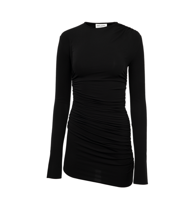 Image 1 of 3 - BLACK - SAINT LAURENT Ruched Dress featuring long sleeves, mini length, crew neck and ruched detail. 100% wool.  