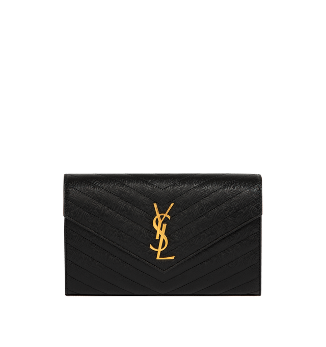 Image 1 of 3 - BLACK - SAINT LAURENT Chain Wallet Bag featuring detachable chain, gold-toned brass hardware, snap Button closure, ten card slots, bill slot, two central compartments and one interior zipped pocket. 8.9 x 5.5 x 1.6 inches. Calfskin leather. Made in Italy.
