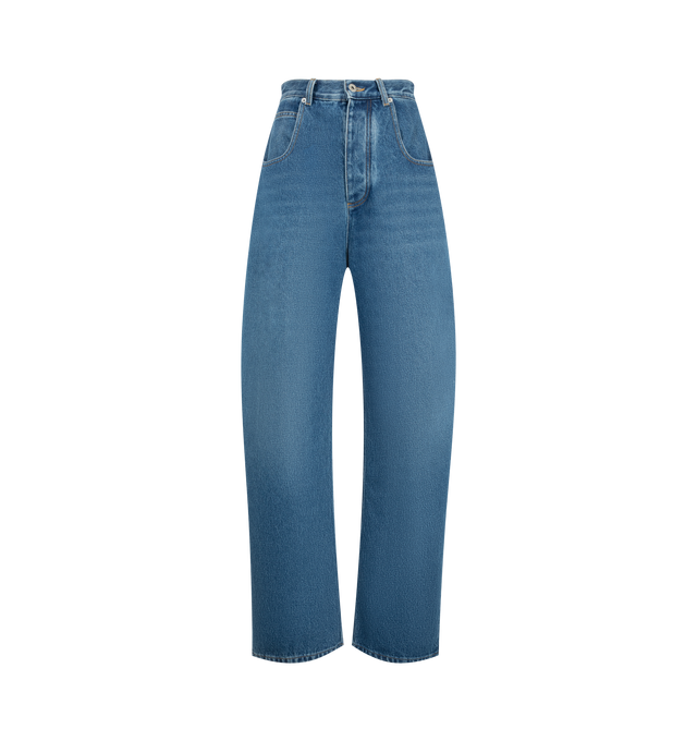 Image 1 of 3 - BLUE - Bottega Veneta Women's Medium Indigo Wide Leg Jeans are crafted from medium indigo washed denim and feature a high-rise waist with a wide-leg silhouette. Main Material: 100% Cotton. Rise: High Waist. Leg: Wide Leg. Closure: Button Closure. Made in Italy.