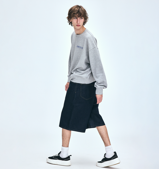 Image 3 of 4 - GREY - NAHMIAS X HIRSHLEIFERS Summerland Construction Crewneck featuring classic crewneck, long sleeves, ribbed cuffs, hem and collar and Summerland Construction motif printed on front and back. 100% cotton.