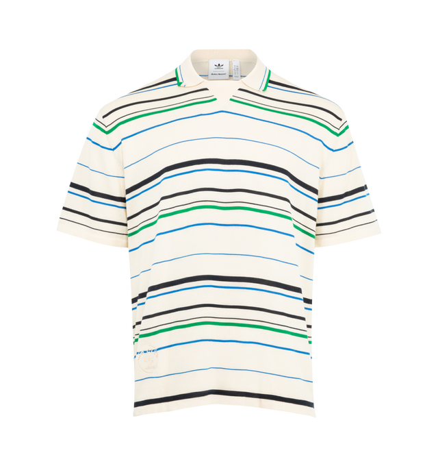 Image 1 of 2 - WHITE - Adidas x Wales Bonner Knit Polo featuring regualr fit, tipped polo collar, inset-V, pullover style, short sleeves with ribbed cuffs and allover striping. 100% polyester.