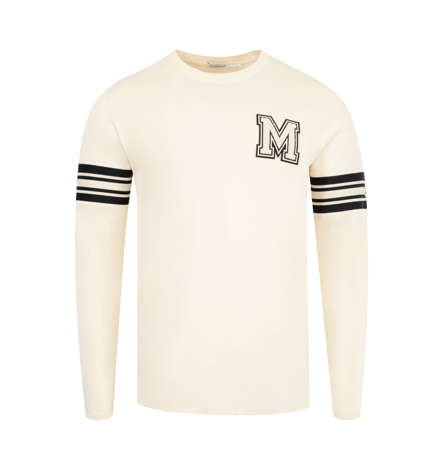 Image 1 of 3 - WHITE - MONCLER Logo Patch T-Shirt featuring crewneck, long sleeves, stripes on sleeve and logo patch on chest. 100% cotton.