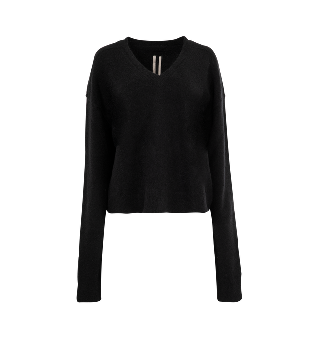 Image 1 of 2 - BLACK - RICK OWENS Tommy V-Neck Jumper featuring ribbed knit, brushed finish, ribbed V-neck, drop shoulder, long sleeves, ribbed cuffs and hem and straight hem. 48% alpaca, 30% polyamide, 20% wool, 2% elastane. Made in Italy.