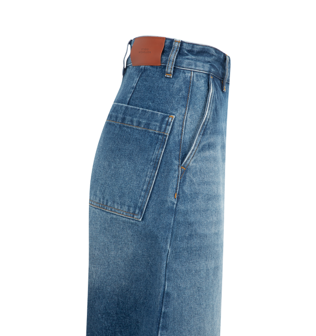 Image 3 of 3 - BLUE - Studio Nicholson Chalco Denim Pants are cut wide and cropped, with a curved leg and dropped crotch, constructed from a recycled denim thats been garment dyed for a soft, easy-wearing finish. Featuring button waist, belt loops, side slash pockets and back patch pockets. 71% Cotton, 16% Reused Cotton, 13% Recycled Polyester.