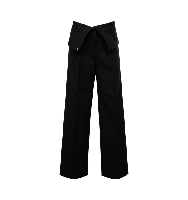 Image 1 of 3 - BLACK - ACNE STUDIOS Wide Leg Pants featuring regular fit, mid waist, wide leg, long length, fold-out waist, leg pleats, side pockets and zip fly. 55% polyester, 45% wool. 