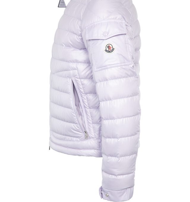 Image 3 of 5 - PURPLE - MONCLER Lauros Short Down Jacket featuring polyester lining, down-filled, detachable hood, collar with snap button closure, zipper closure, zipped pockets and adjustable cuffs and hem. 100% polyester. Padding: 90% down, 10% feather. 