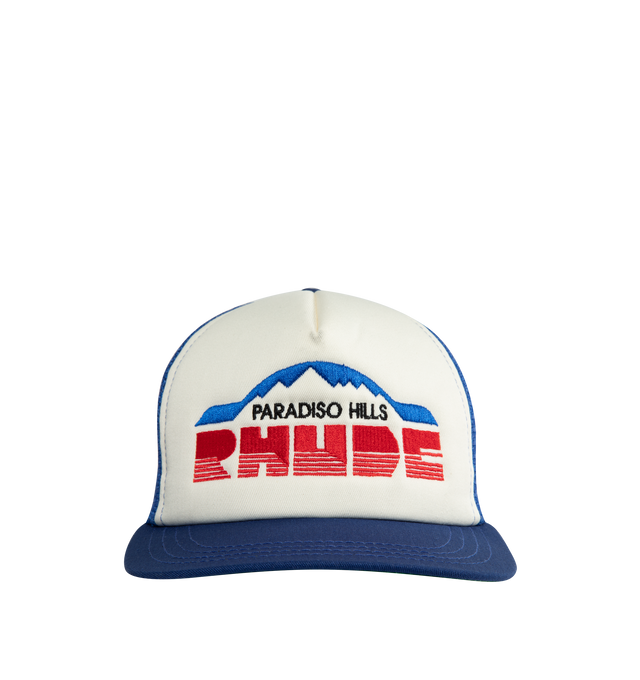 Image 1 of 3 - BLUE - RHUDE Paradiso Hills Trucker Hat featuring snapback cap, five panel design, embroidered logo, patchwork details and back snap closure. 100% cotton. 
