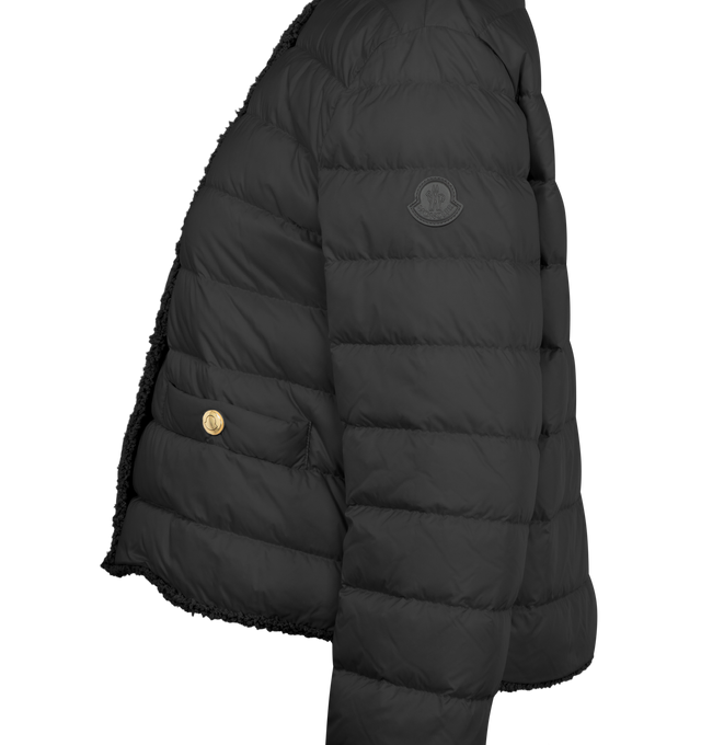 Image 3 of 3 - BLACK - MONCLER Fleurs Boucl-Trimmed Short Down Jacket featuring water-repellent main fabric, longue saison lining, boucl trim, down-filled, snap button closure, pockets with button closure and leather logo patch. 100% polyamide/nylon. Padding: 90% down, 10% feather.