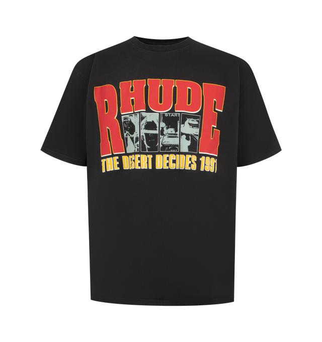 Image 1 of 2 - BLACK - Rhude Mens Desert Decides T-Shirt is crafted from a cotton jersey. Features a crew neck, short sleeves, custom fit, and graphics printed on the front chest and back. Main Material: 100% Cotton. Made in the USA.