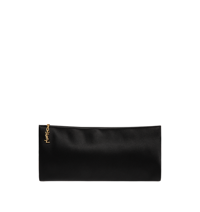 Image 1 of 3 - BLACK - SAINT LAURENT Folded Evening Clutch featuring soft pouch in satin, hammered logo charm, lightweight clutch, certified viscose and certified silk lining, bronze-tone hardware, zip closure and one flat pocket. 11.6" x 5.5" x 1.2". Viscose, silk. Made in Italy.