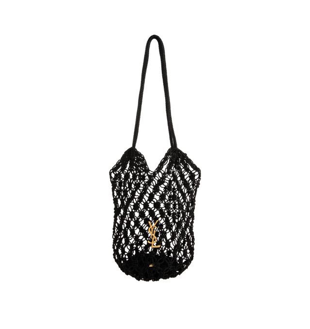 Image 1 of 3 - BLACK - SAINT LAURENT Large Crochet Tote Bag featuring a strap for shoulder carry, open weave and bronze-tone hardware. 13.8" x 5.1" x 5.1". Acetate, acrylic, brass. Made in Italy.