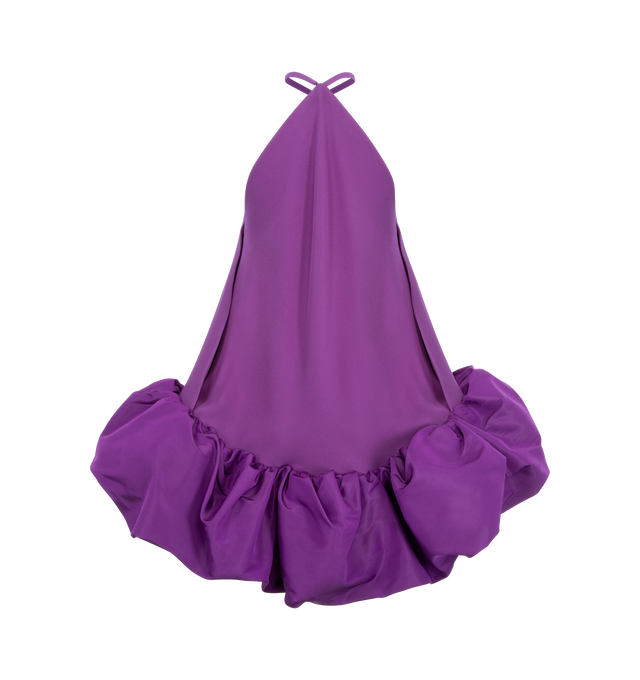 Image 2 of 2 - PURPLE - BALENCIAGA Halter Balloon Mini Dress featuring silk and wool crepe, mini length, balloon shape with draped effect and volume at the bottom, suspended look, sleeveless, thin neck straps with a button closure and 2 side slash pockets. 65% silk, 35% wool. 100% silk. Made in Italy.
