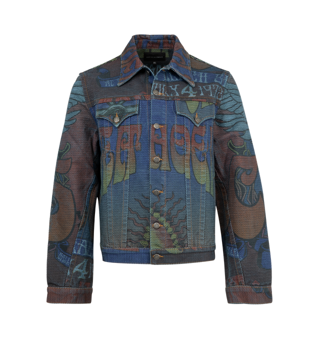 Image 1 of 3 - BLUE - COUT DE LA LIBERTE Johnny Circus Print Wings Trucker Jacket featuring a classic button front closure, two button flap chest pockets, classic collar, button cuffs and print throughout. 100% cotton. Made in the USA.