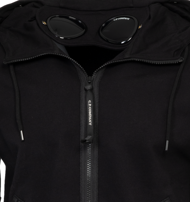 Image 3 of 3 - BLACK - C.P. COMPANY Diagonal Raised Fleece Goggle Hoodie featuring adjustable Goggle hood, ribbed hem and cuffs, two zip front pockets and full zip fastening. 100% cotton. 