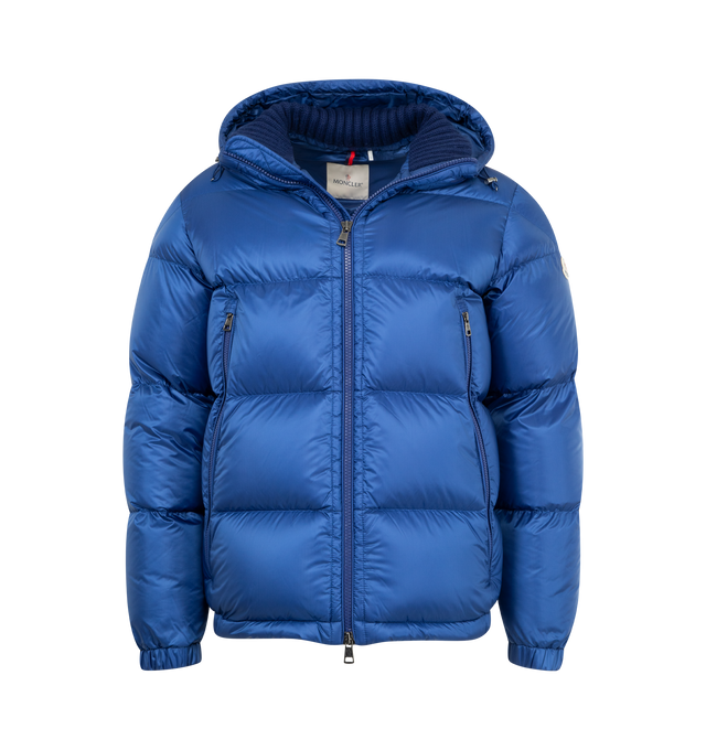 Image 1 of 3 - BLUE - MONCLER Rivau Jacket featuring attached hood with drawcord, long sleeves with elasticized cuffs, front zip closure, two front zip pockets and logo patch at left shoulder. 100% polyamide/nylon.