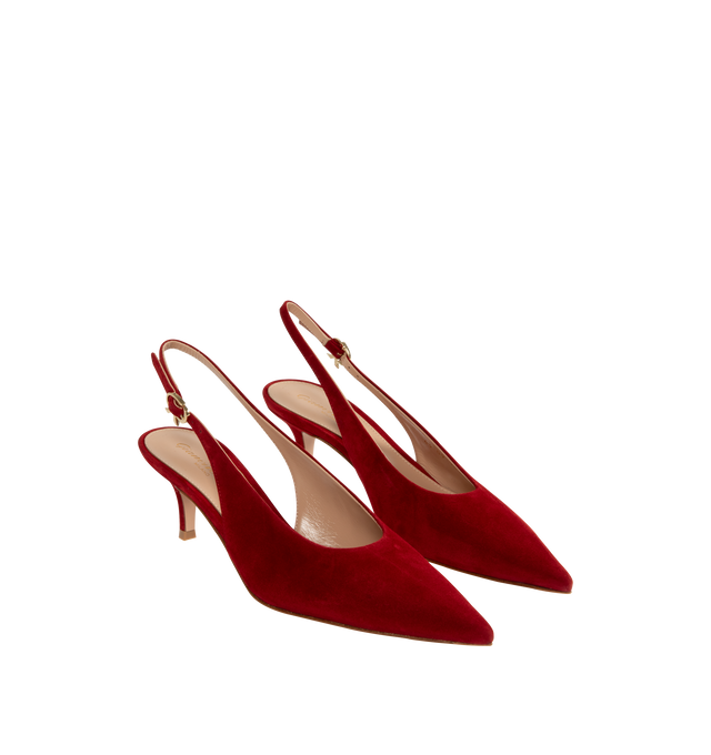 Image 2 of 4 - RED - Gianvito Rossi Robbie Slingback 55 crafted from supple suede featuring a pointed-toe and 55mm kitten heel. The back strap is completed with the metallic Ribbon buckle, signature of the Maison. Handmade in Italy. 100% SUEDE.