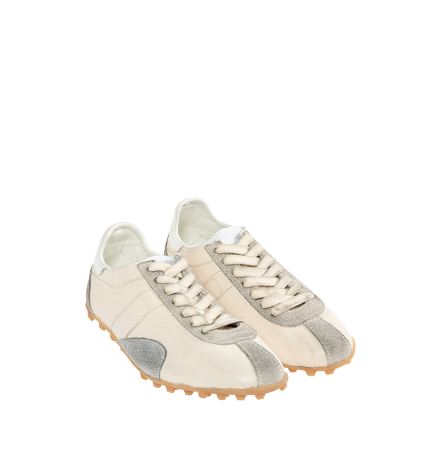 Image 2 of 5 - WHITE - MAISON MARGIELA Sprinters Sneaker featuring layered construction in calfskin, tripon leather, and hairy sued, tonal contrasts, studded rubber sole, numeric logo on tongue, code 22 at the outsole and four stitches at the back. Made in Italy