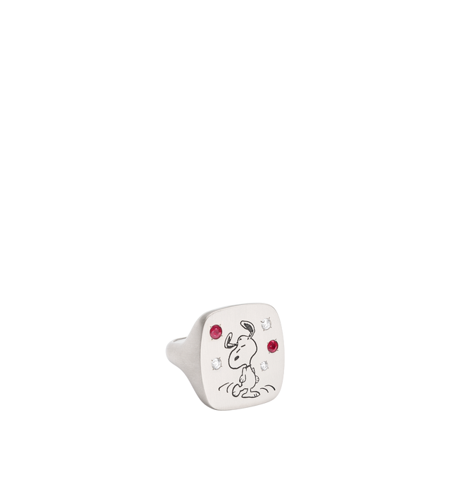 Image 1 of 4 - SILVER - LIZWORKS X PEANUTS Jazz Snoopy White Gold Square Face Ring featuring 18k white gold ring with 3 white diamonds, 2 rubies and white enamel. 22 mm x 23 mm. Hirshleifers offers a range of initial pieces from this collection in-store. For personal consultation and detailed information about jewelry, please contact our dedicated stylist team at personalshopping@hirshleifers.com. This item may be restricted for online purchase to international clients. For assistance purchasing this item p