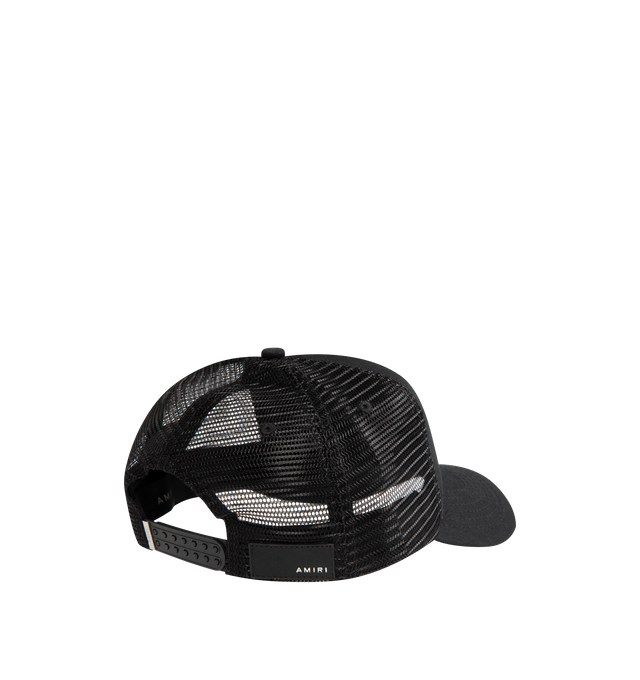 Image 2 of 3 - BLACK - AMIRI 3 Star Trucker Hat featuring adjustable backstrap, front leather applique detail and leather logo patch at back. 100% cotton. Made in USA.