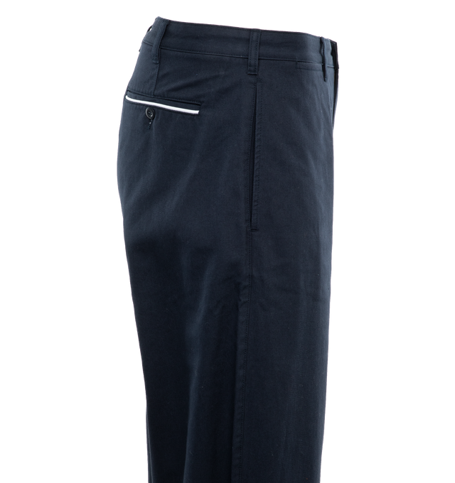 Image 3 of 5 - NAVY - NOAH Pajama Chino featuring flat front with zip-fly and button-closure, watch pocket at waist, side seam front pockets and besom back pockets with button-closure and contrast piping at hem and back pockets. 100% cotton twill. Made in Portugal.  