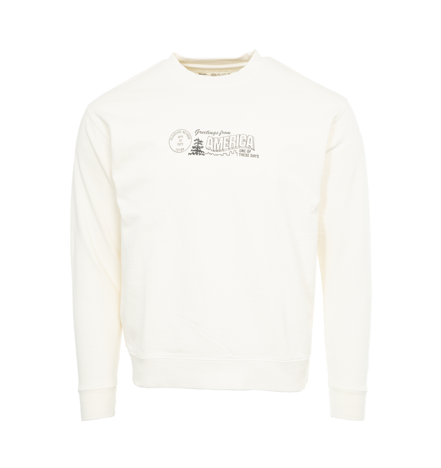 Image 1 of 4 - WHITE - ONE OF THESE DAYS Greetings From Paradise Crewneck Sweatshirt featuring vintage wash finish, pre shrunk, long sleeves and graphic on front and back. 100% cotton.  