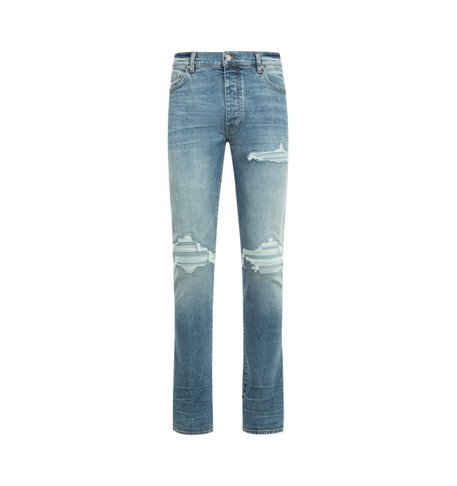Image 1 of 3 - BLUE - AMIRI Chateau Keys MX1 Jean in Italian stretch denim featuring 5 pocket style, repaired with pleated ultrasuede and embroidered with seasonal logo graphics. 92% cotton, 6% elastomultiester, 2% elastane. Made in United States.