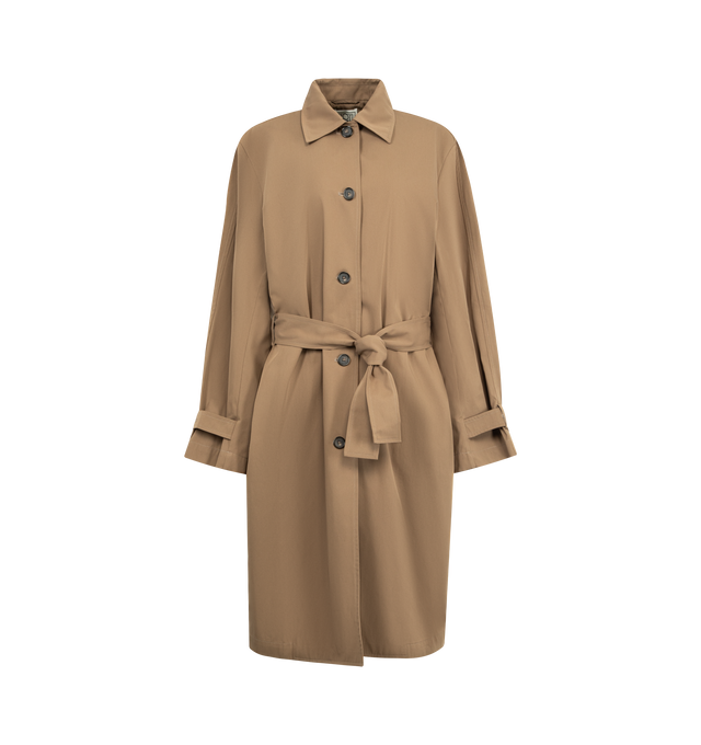 Image 1 of 3 - BROWN - TOTEME Light Spring Trench featuring oversized fit, light cotton, button front, detachable belt, adjustable wrist tabs and welt pockets. 100% cotton organic.