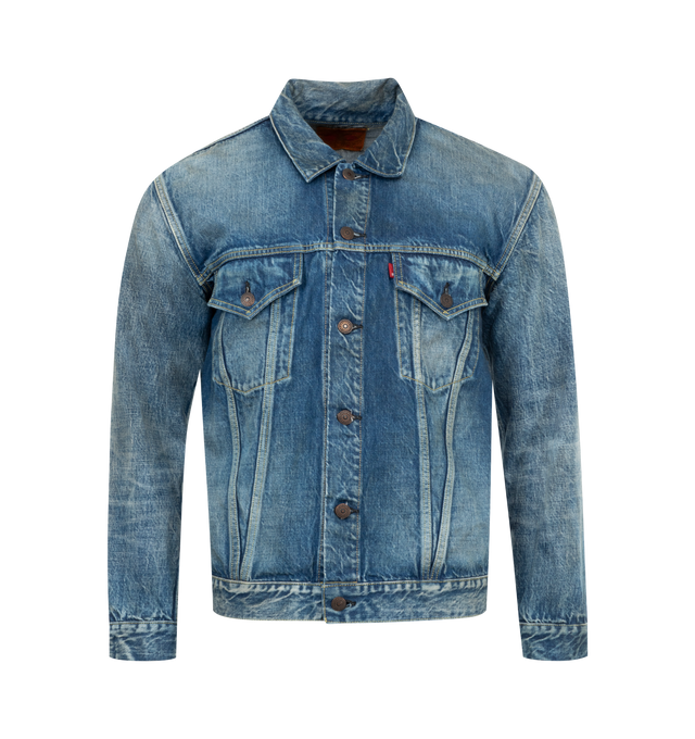 Image 1 of 2 - BLUE - Full Count More Than Real Jacket has a vintage fit, a button front closure, button flap chest pockets, and waist adjuster tabs. 100% cotton.