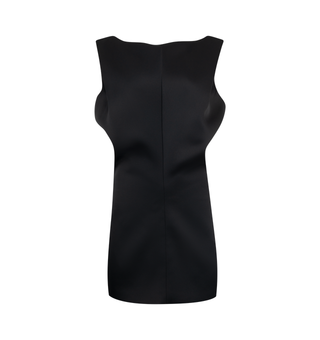 Image 1 of 5 - BLACK - KHAITE Toma Dress featuring a sculptural minidress that doubles as a tunic. Sharpened by clean shoulders and animated by bonded Italian crepe. Undulating bodice designed to blossom and bloom from slim-fitting skirt. Concealed zipper closure at back. 83% acetate, 17% viscose.