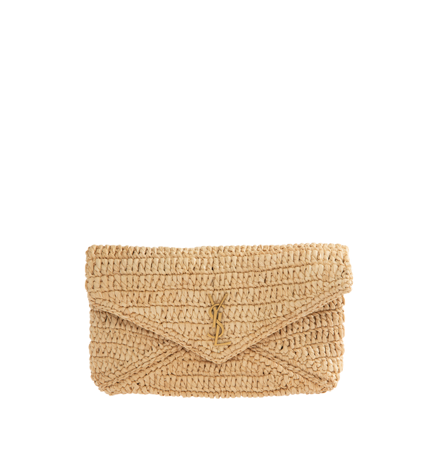 Image 1 of 3 - NEUTRAL - SAINT LAURENT Cassandre Chain Pouch in Raffia featuring raffia and vegetable-tanned leather, decorated with the cassandre, a detachable leather-and-chain strap, leather lining, bronze-tone hardware, magnetic closure and one card slot. 7.5" x 4.7" x 1.2". Raffia. Made in Italy.