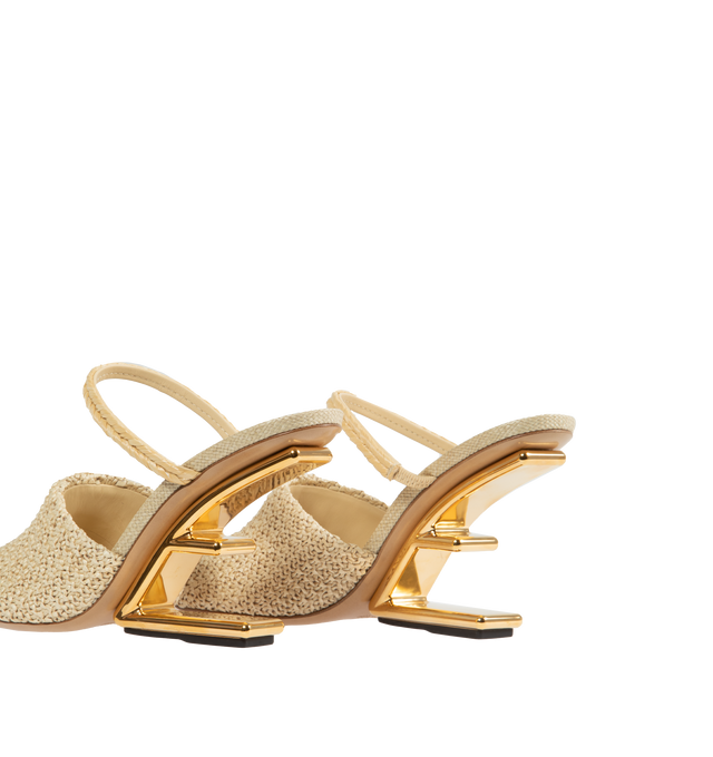 Image 3 of 4 - NEUTRAL - FENDI First Slide Heels are an open-toe style with 4" sculptural F-shaped heel. Made in Italy.  