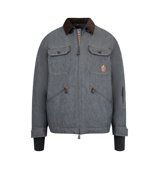 Image 1 of 3 - GREY - MONCLER GRENOBLE Croatan Denim Down Ski Jacket featuring 2L technical denim, polyester lining, down-filled and padded, heat-sealed seams, pull-out hood with visor, adjustable collar with velvet lining, YKK AquaGuard Highly Water Resistant zipper closure, zipped pockets with Ultrasuedenu trim, inner media pocket, powder skirt, RECCO reflector, adjustable cuffs and stretch jersey wrist gaiters. 100% cotton. Lining: 100% polyester. Made in Romania.
