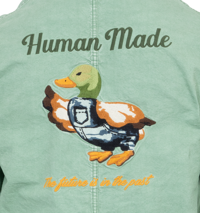 Image 4 of 4 - GREEN - HUMAN MADE Garment Dyed Coverall Jacket featuring a duck embroidery on the back and multi pocket action. 100% cotton. 