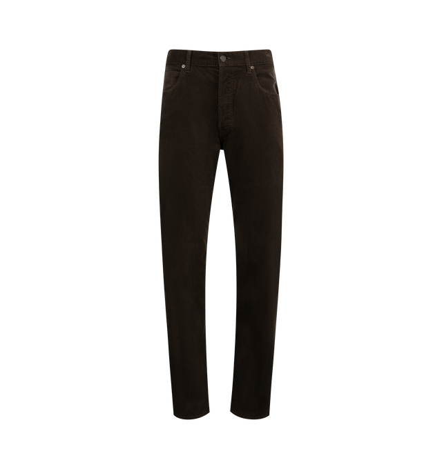 Image 1 of 3 - BROWN - SEEKINGS 98 Fit Jeans featuring corduroy, baggy fit with tapered leg, 5 pocket styling, button fly, high rise, leather patch on back of waistband and engraved hardware. 100% cotton.