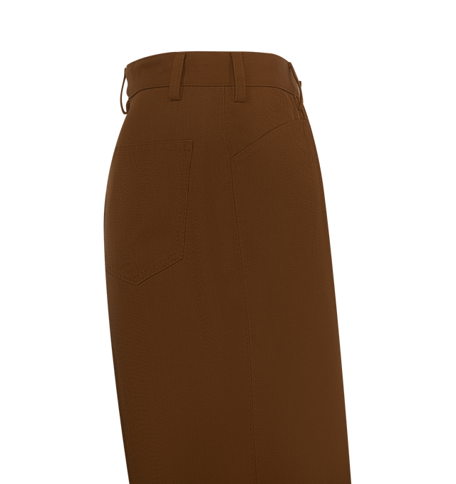 Image 3 of 3 - BROWN - SECOND LAYER Angel Trousers featuring relaxed flared fit with a fully constructed waistband, metal shank closure, zip fly, front scalloped pockets, two back patch pockets and IMF contrast stitching along the pockets and side seams. 100% polyester. Made in Italy.